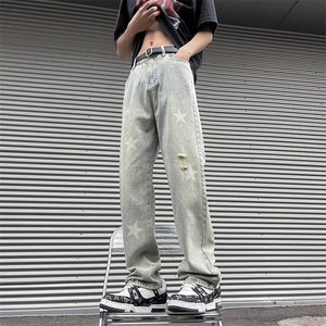 春秋男士高街水洗牛仔裤阔腿裤宽松直筒裤破洞裤潮裤子N7202-P43图片