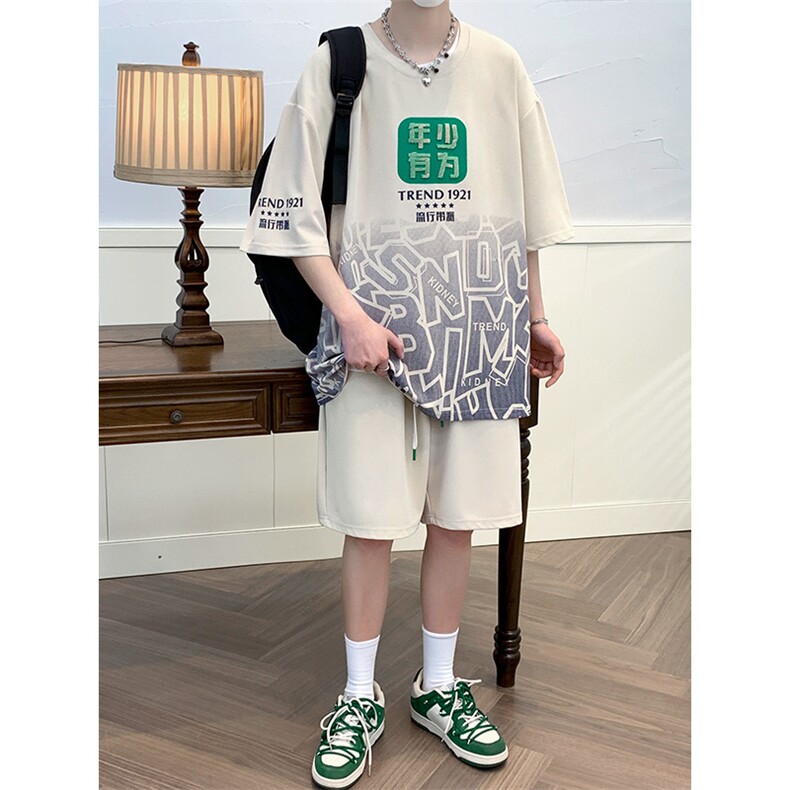 2024夏上新潮毛巾绣宽松半袖套装印花短裤T恤男女6639-P60控价88,男装T恤,电商A441-1