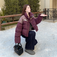 紫色设计感羽绒服女2025冬季新款韩系撞色洋气加厚保暖短款面包服，女装羽绒服，2C295