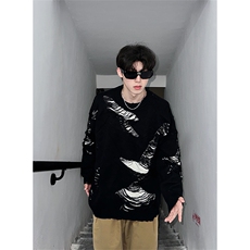 不规则撞色破洞针织衫男秋季复古宽松圆领毛衣XZ514-2-24263-P86，男装针织衫/毛衣，星座514-2(原B239)