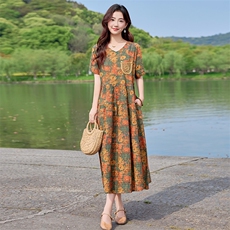 妈妈棉麻碎花连衣裙女2024夏季新款中老年休闲宽松遮肚子印花裙子，女装连衣裙，利佳可人