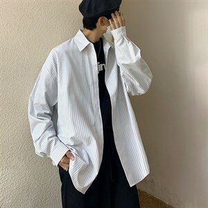 21秋款条纹衬衫男外套港风潮牌休闲宽松衬衣上衣CS720P45控68，男装衬衫，电商B413-1
