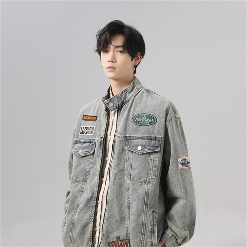 2025潮牌机车风绣标牛仔外套男美式复古做旧翻领棒球服JK1020-P95,男装工装外套,星座1103-3