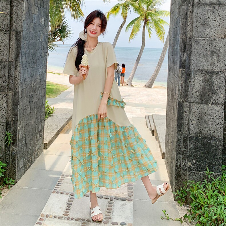 立体花朵假两件拼接T恤连衣裙女夏2025新款时尚设计感显瘦长裙子图片