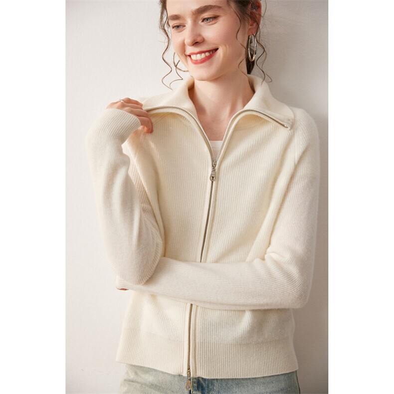 老钱风~高端山羊绒开衫女士大翻领宽松加厚毛衣外套双拉链针织衫，女装针织衫/毛衣，宛咚羊绒