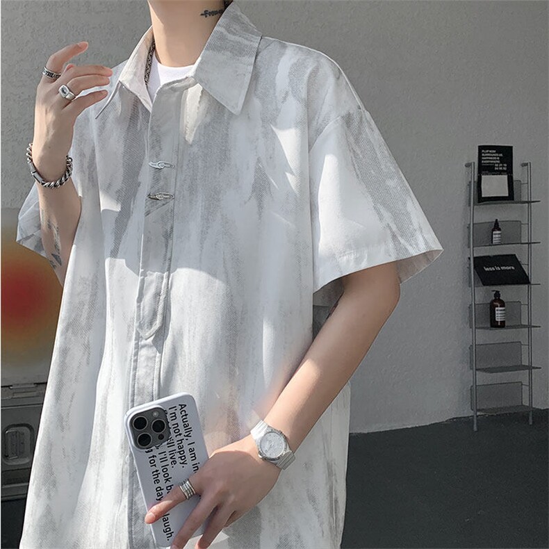CS1142-特p35控68水墨印花短袖冰丝凉感速干潮流大码衬衫,男装T恤,电商A059
