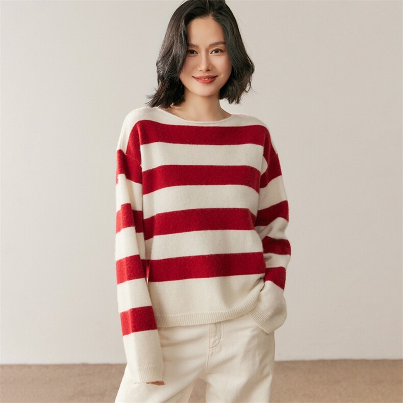 秋季条纹针织衫休闲百搭简约风，女装针织衫/毛衣，鸥蕊娅羊绒