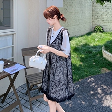 法式减龄蕾丝镂空背心T恤连衣裙套装女夏2025新款小个子甜美裙子，女装套装/套裙，2B237
