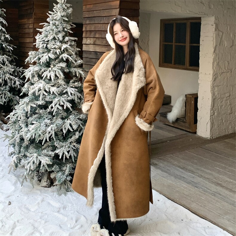 超保暖复古美拉德色长款皮毛一体大衣外套190-5080-P285K398,女装毛呢外套,2B190