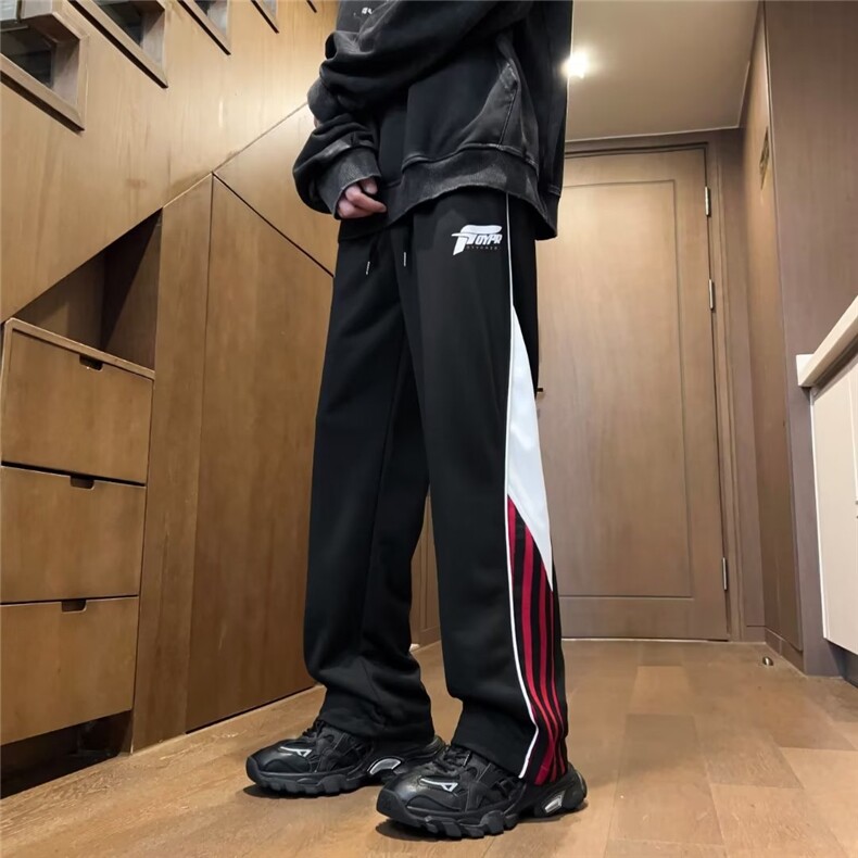裤子男款秋季条纹撞色拼接运动卫裤宽松直筒阔腿休闲长裤KH945,男装休闲裤,星座1116A-1（原606A）