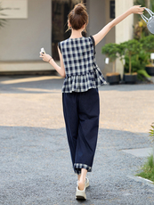 韩里韩气穿搭套装女2025夏新款休闲减龄格子无袖牛仔阔腿裤一整套，女装套装/套裙，艾尚靓装