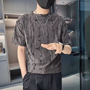 破洞设计感上衣美式复古t恤男士短袖夏季潮牌冰丝半袖潮流高街t图片
