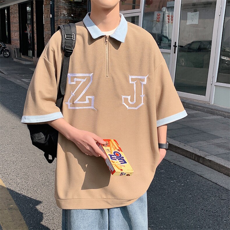 2026夏装牛仔拼接绣花五分袖T恤华夫格半袖BDT001/特P30杏色2,男装T恤,电商A094