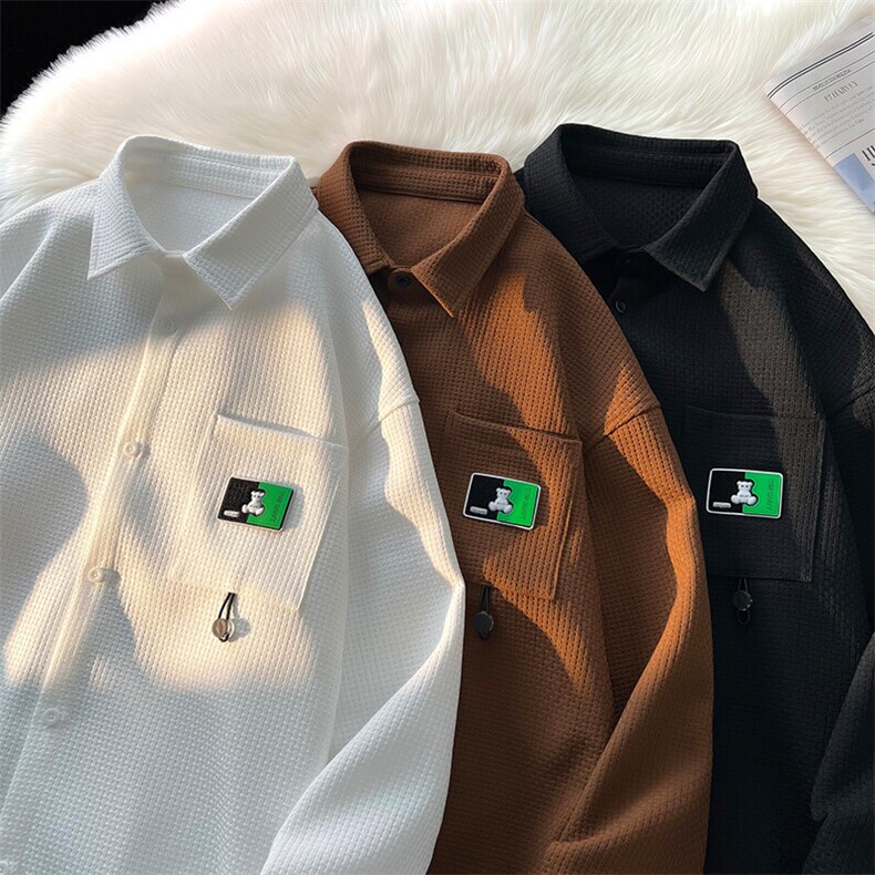 2025春新大码华夫格长袖翻领衬衫贴标男港风潮牌衬衣外套C812-P45，男装衬衫，电商A001-1