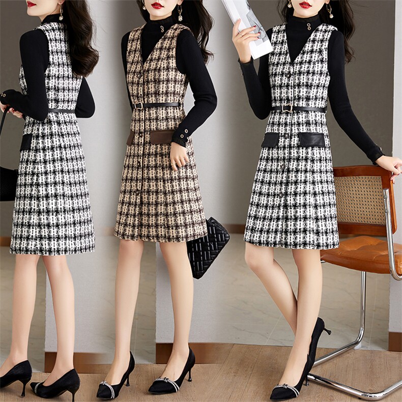 2023年冬季新款时尚格子两件套连衣裙，女装连衣裙，鑫鑫美