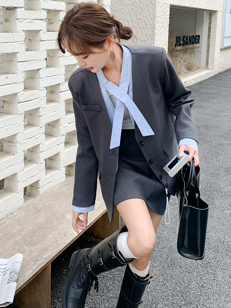 灰色西装女裙春秋2025新款高级感气质ootd穿搭又a又飒,女装西装,浙宝193A