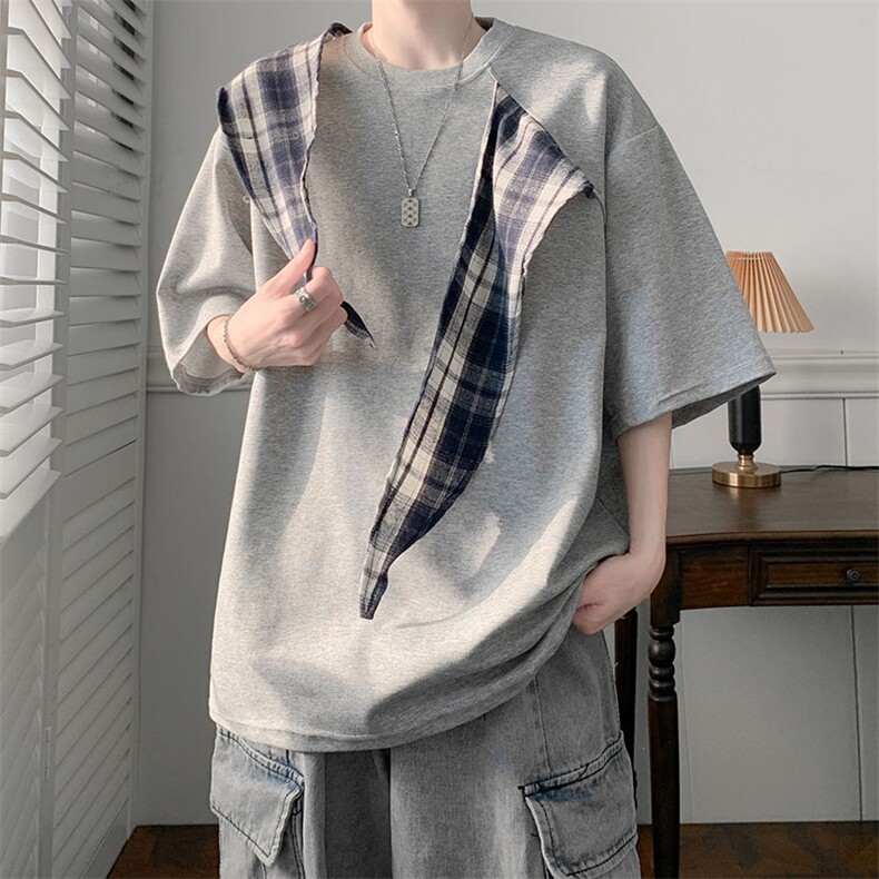 C542P40格子蝴蝶结拼接短袖t恤男ins夏季潮胖人宽松半，男装T恤，星座512-6