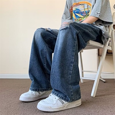 破洞牛仔裤男夏季复古直筒阔腿裤子高街痞帅休闲长裤N6050，男装牛仔裤，星座1116A-1（原606A）