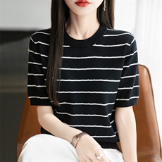 2025夏季新款女圆领断点条纹纯棉针织短袖T恤宽松洋气甜美气质，女装T恤，秋双羊绒
