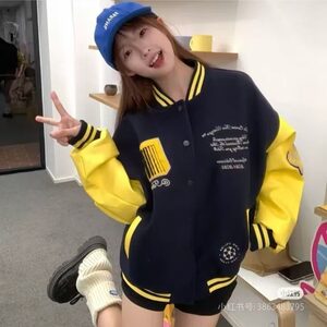 美式复古盾徽撞色夹克男校园风重磅设计感外套秋冬加厚保暖高级感图片