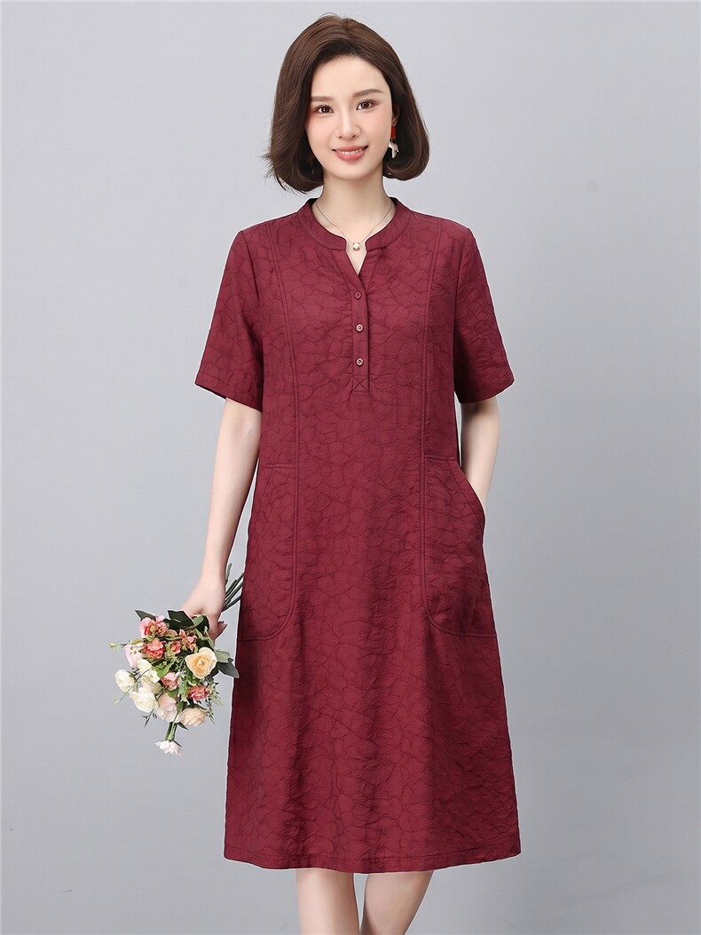 现货2026年夏季优雅大码天丝连衣裙女立领短袖显瘦口袋设计中长裙,女装连衣裙,鑫鑫格