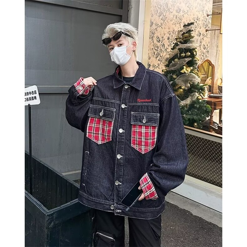 长袖牛仔布常规款翻领格子牛仔外套情侣宽松型春秋外穿N1236/P75,男装夹克,星座506