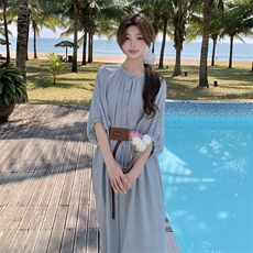 法式高级感连衣裙女2025春夏新款蓝色高腰显瘦七分袖度假风长裙子，女装连衣裙，2C122
