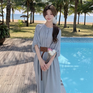 法式高级感连衣裙女2025春夏新款蓝色高腰显瘦七分袖度假风长裙子图片