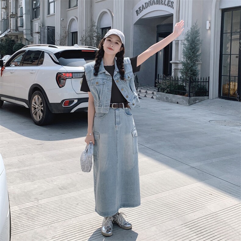 ootd穿搭港风复古牛仔马甲配包臀牛仔裙2025春夏又a又飒休闲套装,女装套装/套裙,瑶迪依秀