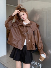 美拉德风娃娃领短款PU皮衣外套女2025年春秋季新款设计感减龄夹克，女装皮衣，蝶眷