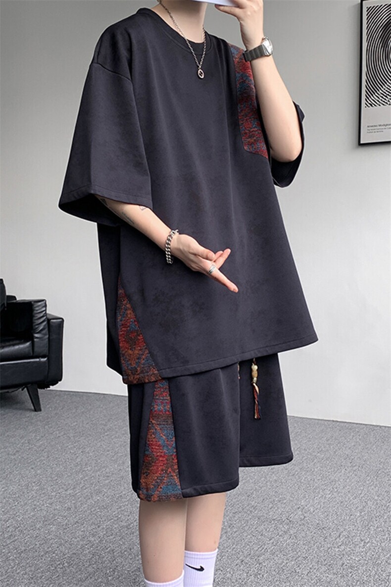 8XL-M民族风潮拼接休闲运动套装男夏季学生短袖短裤TZ38001P60,男装休闲套装,电商B312