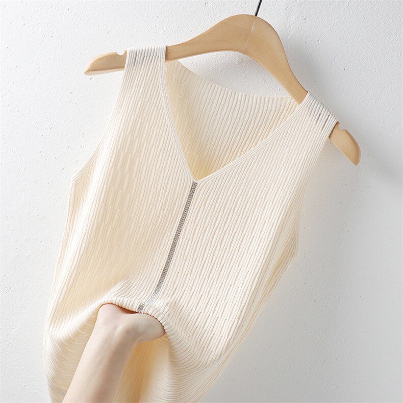 冰丝吊带背心内搭打底衫夏季短款无袖时尚烫钻纯色v领显瘦上衣，女装针织衫/毛衣，美吧服饰