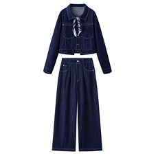 港风复古牛仔套装女2025春新款时尚流行酷飒拽姐穿搭阔腿裤两件套，女装套装/套裙，雅静靓衣