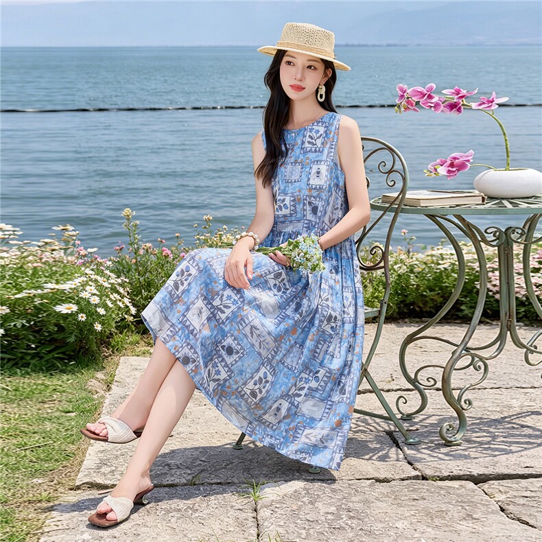 蓝色印花无袖宽松版时尚学院风连衣裙,女装连衣裙,水衣源