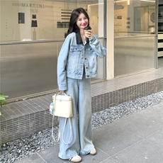 秋装新款！拼接牛仔外套阔腿裤两件套2C133-8980-P190-K258，女装套装/套裙，2C133