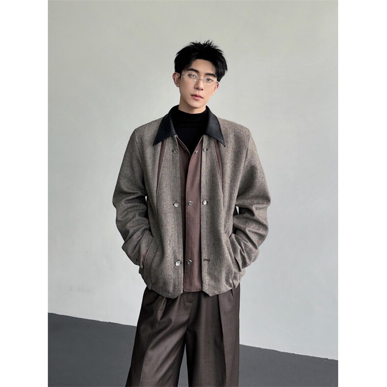 25复古宫廷几何羊毛假两件人字纹老钱毛呢夹克外套mj1099-p168,男装夹克,电商B288