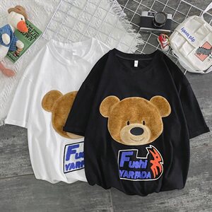 703-T213-P38夏季贴布绣毛绒小熊毛巾绣T恤潮牌宽松可爱情侣