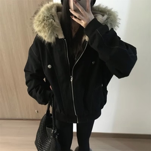现货重磅boxy短款棉衣座山雕大毛毛领男女棉服水洗工装厚外套图片