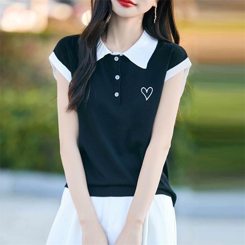 2025夏季翻领冰丝短袖T恤女时尚刺绣拼色薄款POLO领飞袖百搭上衣,女装T恤,思牵羊绒