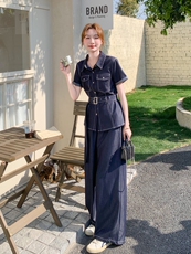 休闲工装收腰牛仔阔腿裤套装女夏2026新款高级感两件套松弛感，女装套装/套裙，印象茜