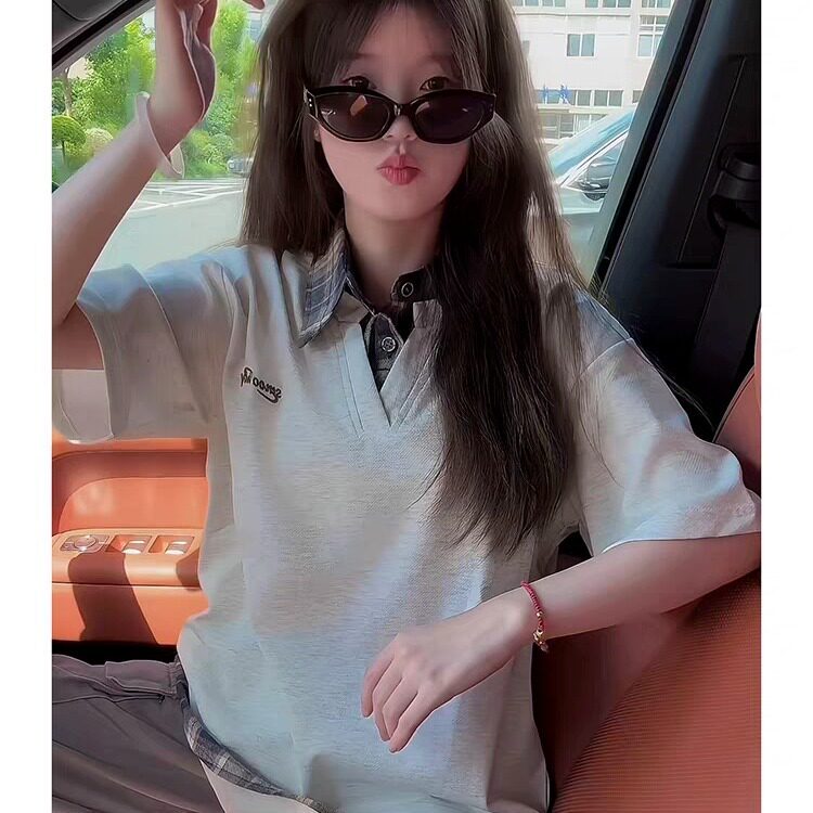 网图假两件衬衫领短袖男女美式复古格子学院风情侣上衣YY811-P35，男装T恤，电商C216