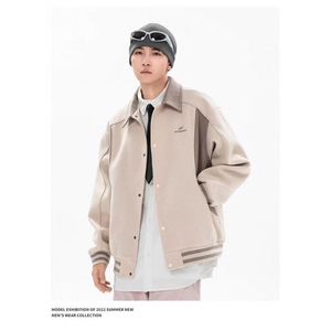 W9558-P65 网图现货 美式高街撞色拼接毛呢棒球服夹克外套图片