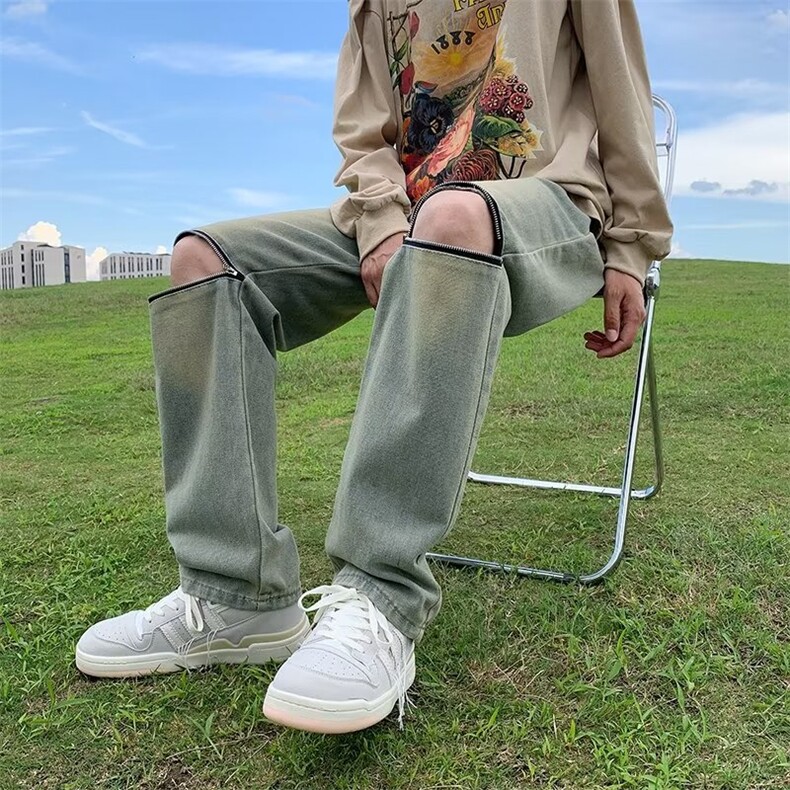 美式高街牛仔裤男韩版潮流膝盖拉链个性2023夏款ins长裤RK779-P42,男装牛仔裤,星座412-3
