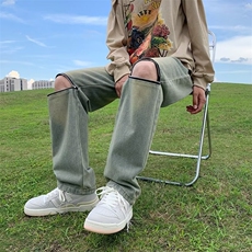 美式高街牛仔裤男韩版潮流膝盖拉链个性2023夏款ins长裤RK779-P42，男装牛仔裤，星座412-3