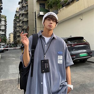 1港风情侣贴布衬衫大码M-5XL网红潮短袖衬衫男DCS7813P45控68图片