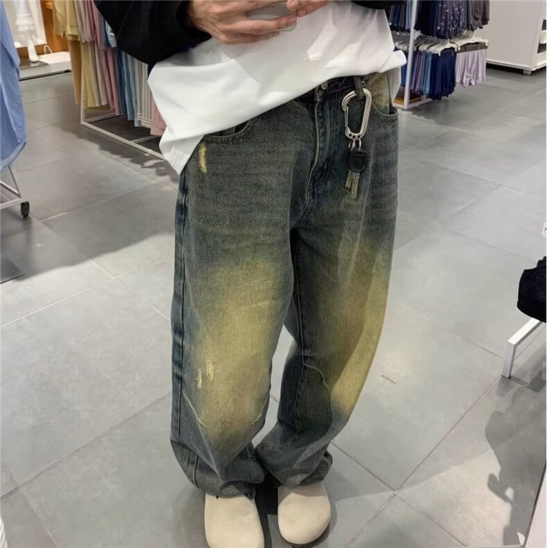 美式复古做旧牛仔裤男女阔腿宽松日系复古水洗长裤潮YYX8029-P43图片
