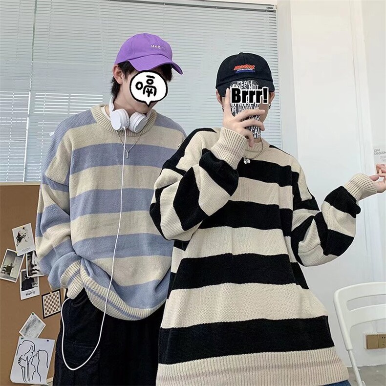 小众毛衣男ins复古圆领针织衫秋季条纹慵懒风情侣毛衣1274-P42,男装针织衫/毛衣,星座910-5