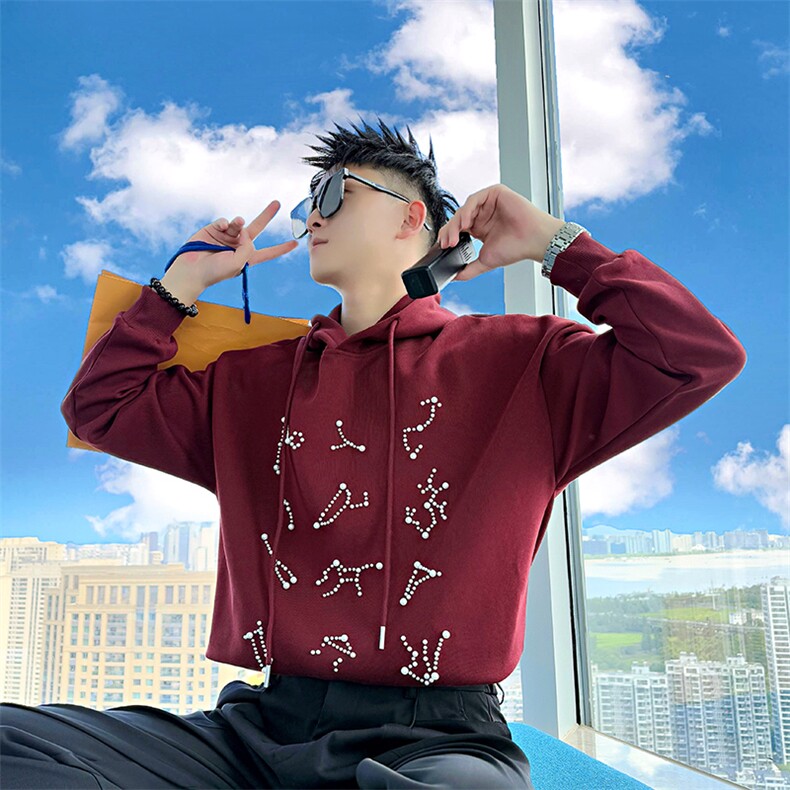 AW215/P88控118秋季社会小伙连帽珍珠韩版设计感打底卫衣男黑首,男装T恤,星座305B-1