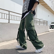 夏季绑带设计感口袋宽松阔腿裤男复古坠感拖地工装长裤K6074-P36，男装休闲裤，星座512-2