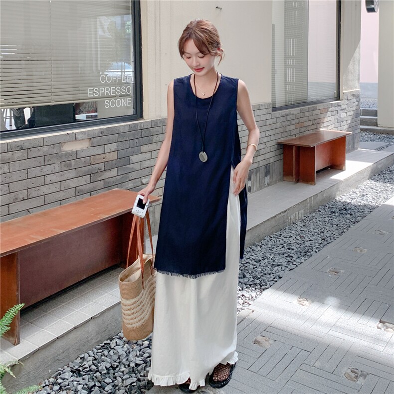 夏日流行淡人高级感两件套女2025新款蓝色流苏背心罩衫阔腿裤套装,女装套装/套裙,秋水欣儿